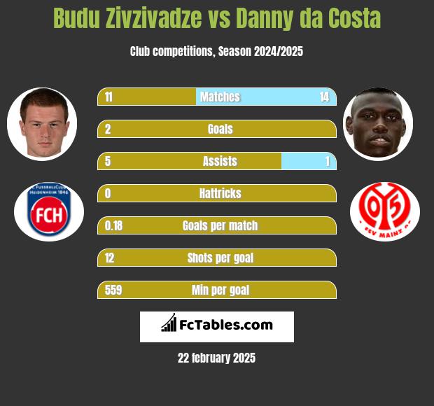 Budu Zivzivadze vs Danny da Costa h2h player stats