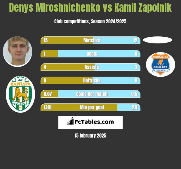 Denys Miroshnichenko vs Kamil Zapolnik h2h player stats