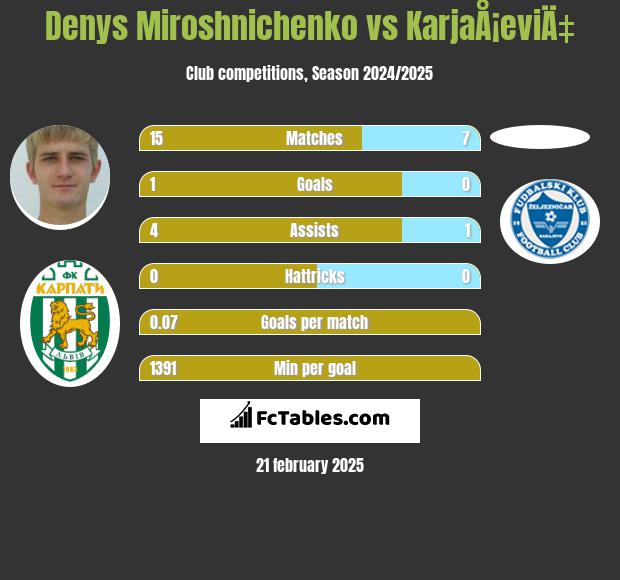 Denys Miroshnichenko vs KarjaÅ¡eviÄ‡ h2h player stats