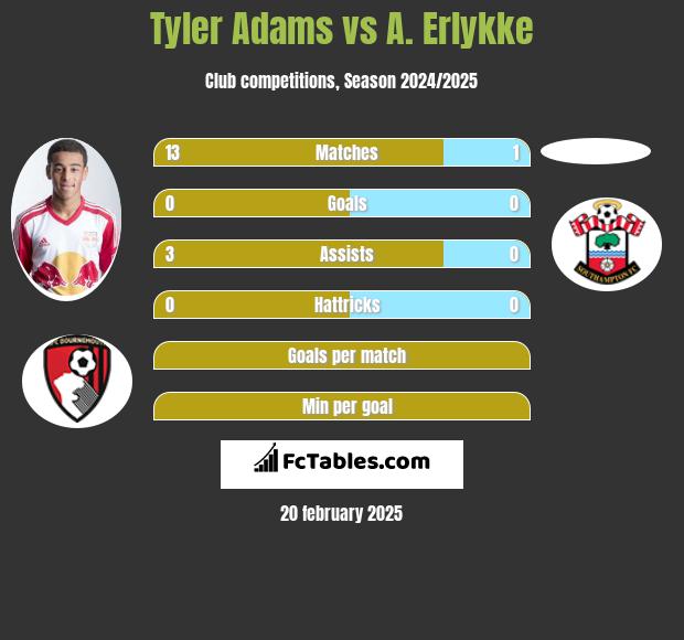 Tyler Adams vs A. Erlykke h2h player stats