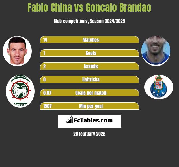 Fabio China vs Goncalo Brandao h2h player stats