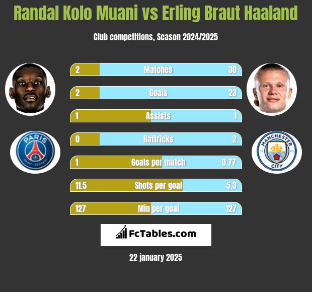 Randal Kolo Muani vs Erling Braut Haaland h2h player stats