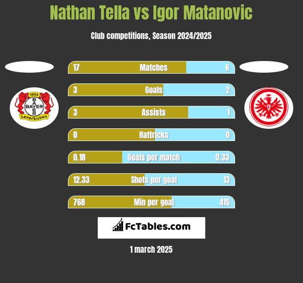 Nathan Tella vs Igor Matanovic h2h player stats