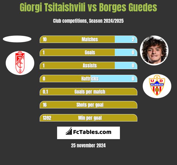 Giorgi Tsitaishvili vs Borges Guedes h2h player stats