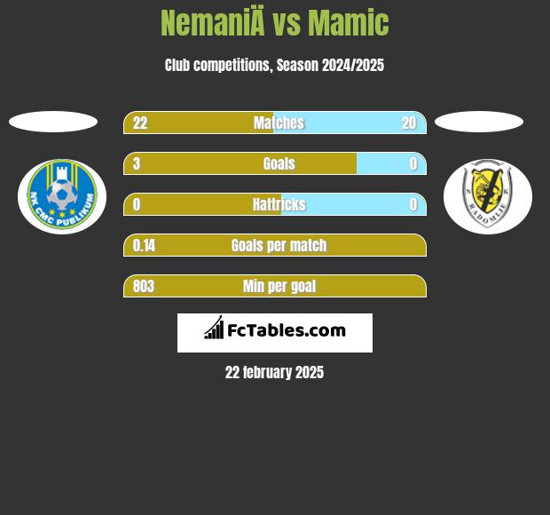 NemaniÄ vs Mamic h2h player stats