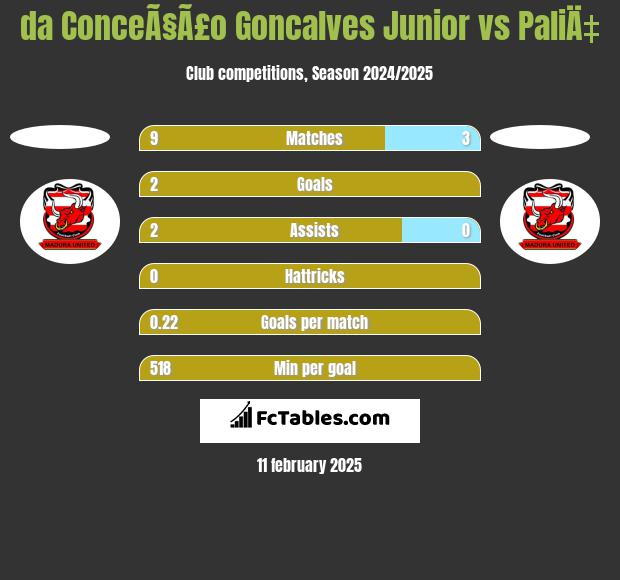 da ConceÃ§Ã£o Goncalves Junior vs PaliÄ‡ h2h player stats